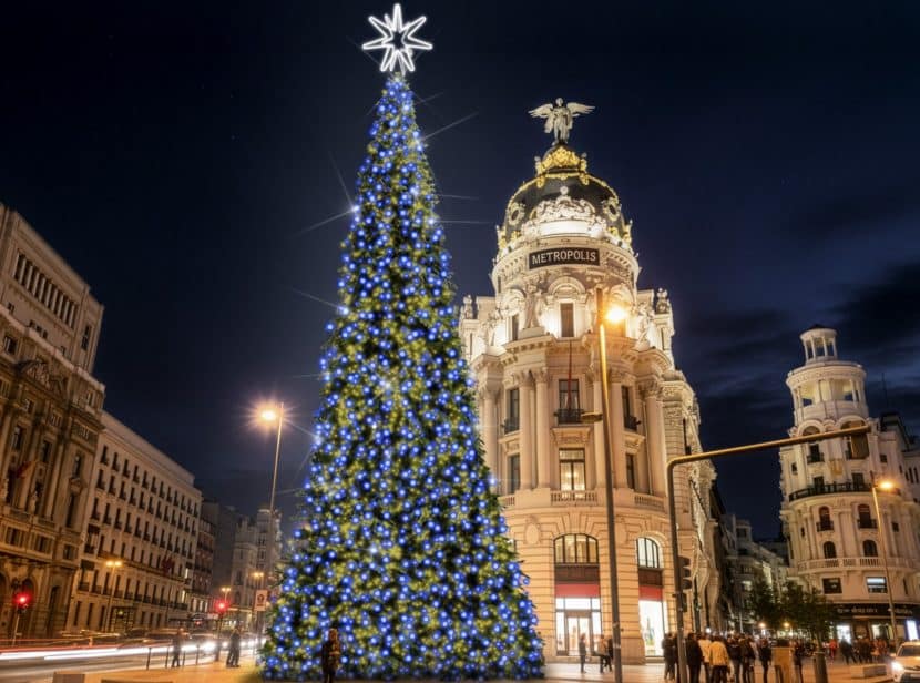 Luces de Navidad en Madrid-Espectacular abeto iluminado en la calle Alcalá y Gran Vía